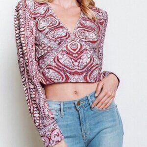 Free People Wild & Free Long Sleeve Cropped Paisley Print Blouse in Red/White